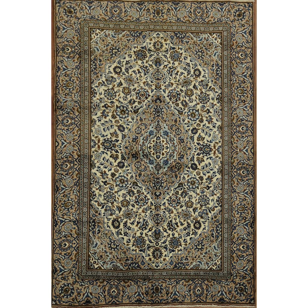 Hand Knotted Oriental 100% Wool Carpet Traditional Floral Beige & Ivories Kashan Area Rug - 9' 3'' X 6' 2''
