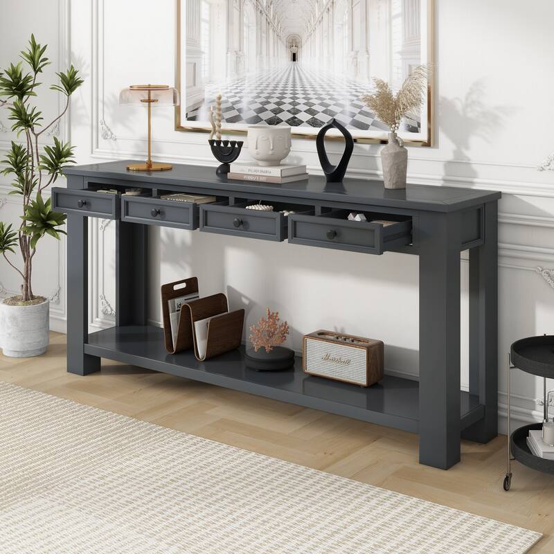 Rustic Wood Console Table Entry Hallway Table, 63" Rectangular Sofa Side Table with 4 Storage Drawers and Bottom Shelf
