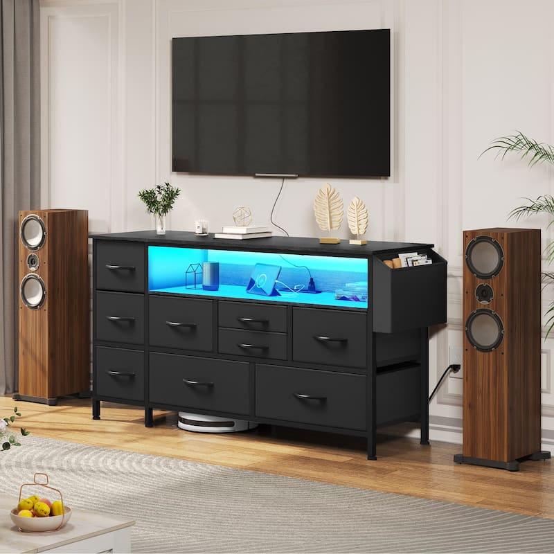 Moasis 50"W 9-drawer Fabric Dresser, Media Console, TV Stand with Outlets, RGB Lights
