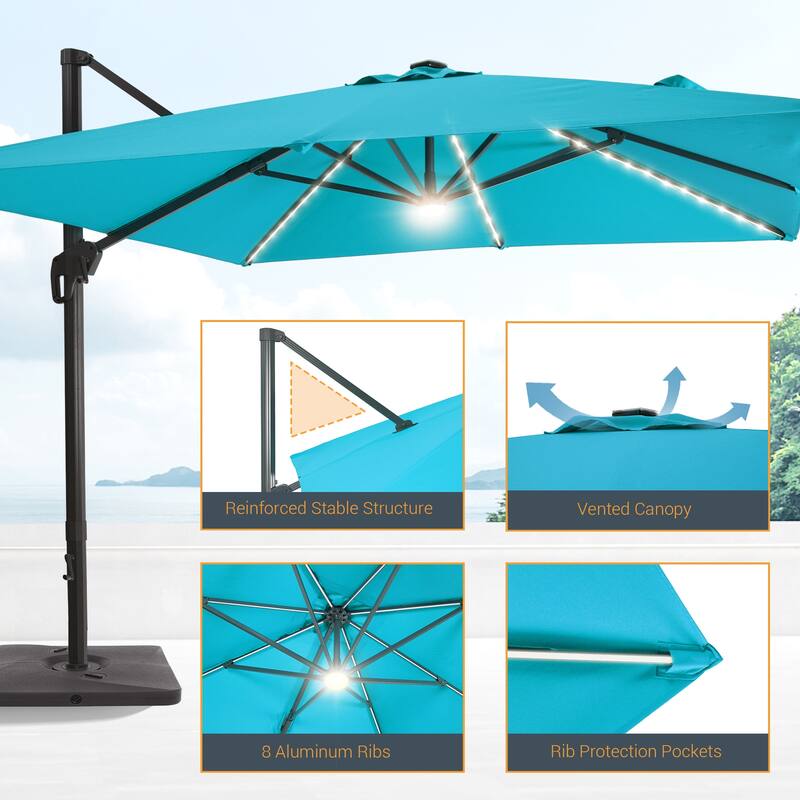 LIVOOSUN Patio10x10FT LED Aluminum Cantilever Umbrella Solution-Dyed Fabric w/Base