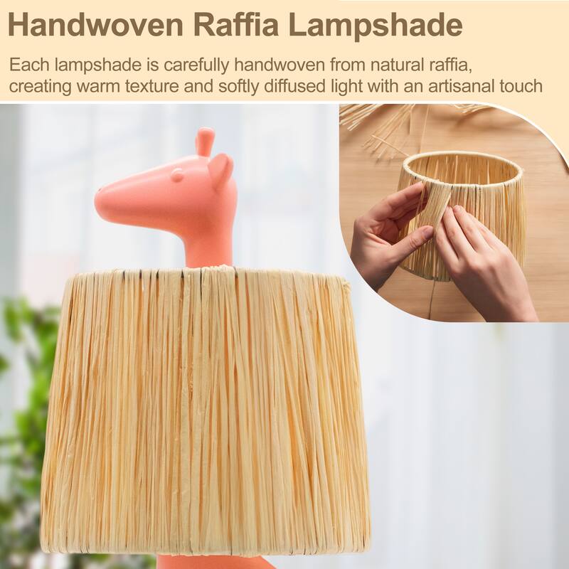 Giraffe Table Lamp with Handwoven Raffia Lampshade, LED Bedside Lamp with In-Line Switch, Resin Base