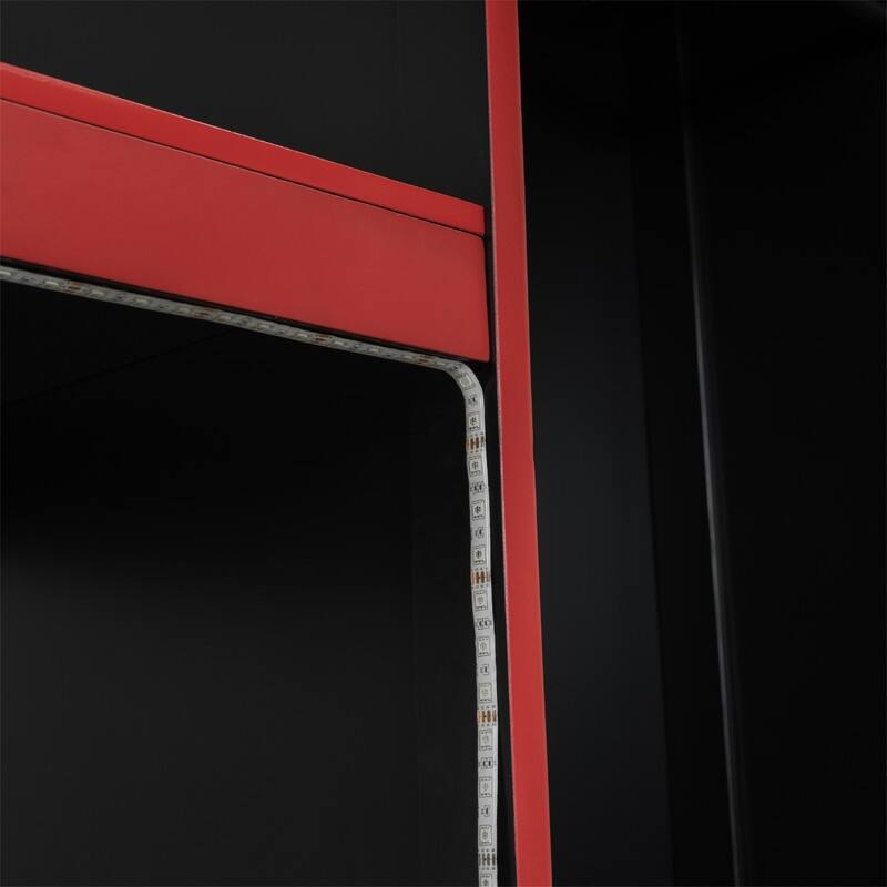 Solid Wood Gaming Loft Bed with Bulit-in Desk and Wardrobe, Twin/Full Size Loft Bedframe with LED Light and 1 Storage Drawer