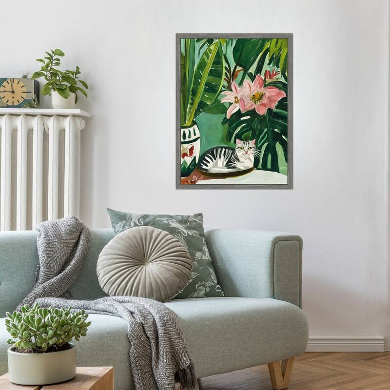 Tropical Muse With Cat by Mowzu Framed Canvas Wall Art