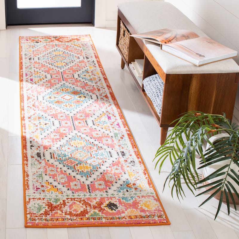 SAFAVIEH, Madison Hortensia Boho Diamond Distressed Rug - 2' x 8' Runner - Rust/Pink