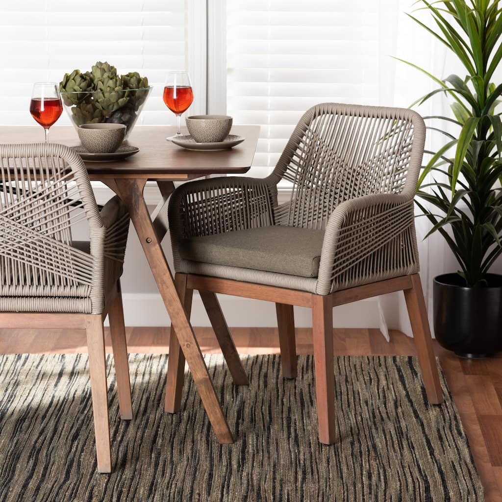Jennifer Transitional Woven Rope Mahogany Dining Arm Chair-Grey