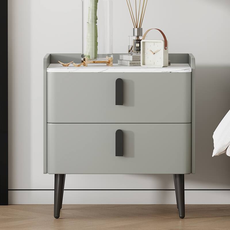 Modern 2-Drawer Nightstand with Marble-Pattern Top - Bedside/End Table for Bedroom/Living Room (Gray)