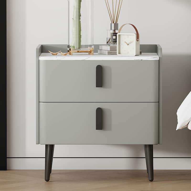 Roomfitters Modern Nightstand with 2 Drawers and Marble-Pattern Top, Bedside or End Table for Bedroom and Living Room - Grey