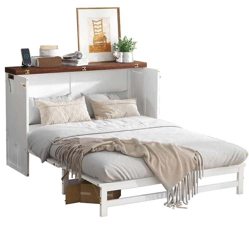 Murphy Bed Cabinet Full with Storage Drawer and Charging Station, USB Port, Solid Pine Murphy Bedframe for Home Office