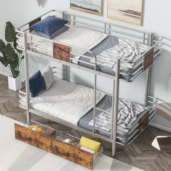 slide 2 of 22, Twin XL over Twin XL Bunk Bed with Board Guardrail and 2-Storage Drawers, Silver
