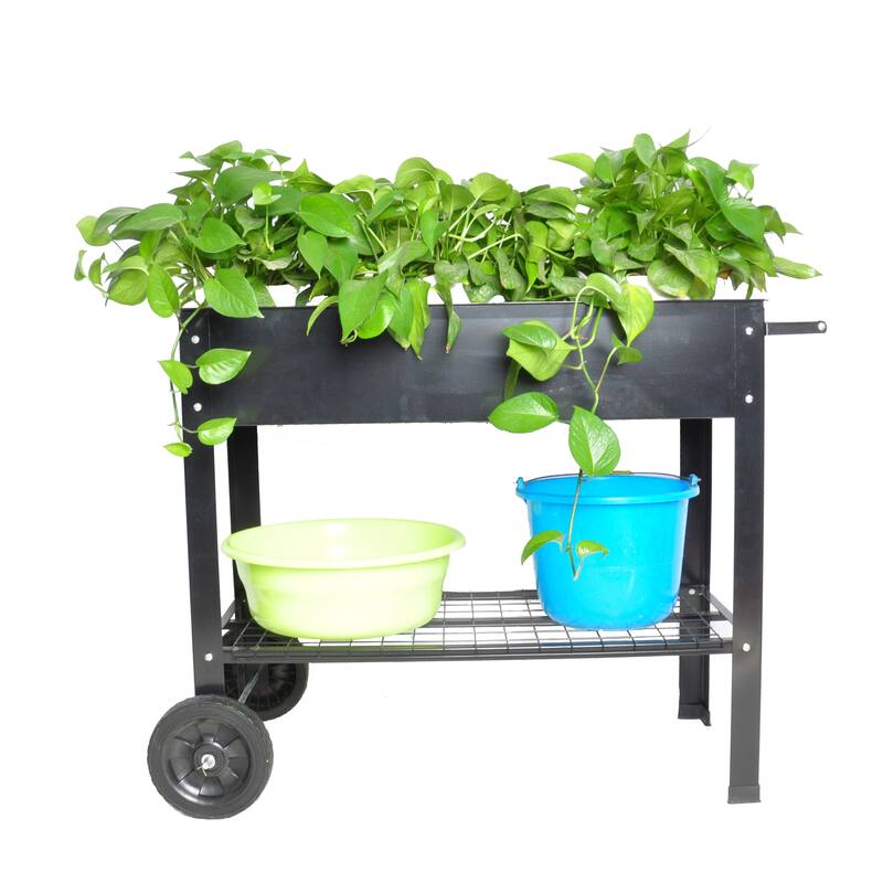 Metal Elevated Planter with Switchable Drainage Wheels and Storage Shelf for Patio or Balcony - 36.2”L x 16.7”W x 31.9”H
