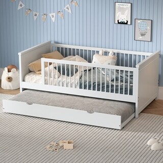 Low Profile Twin Size Kids Platform Bed with Guardrail, Multifunctional Wood Bed Frame with Trundle Bed