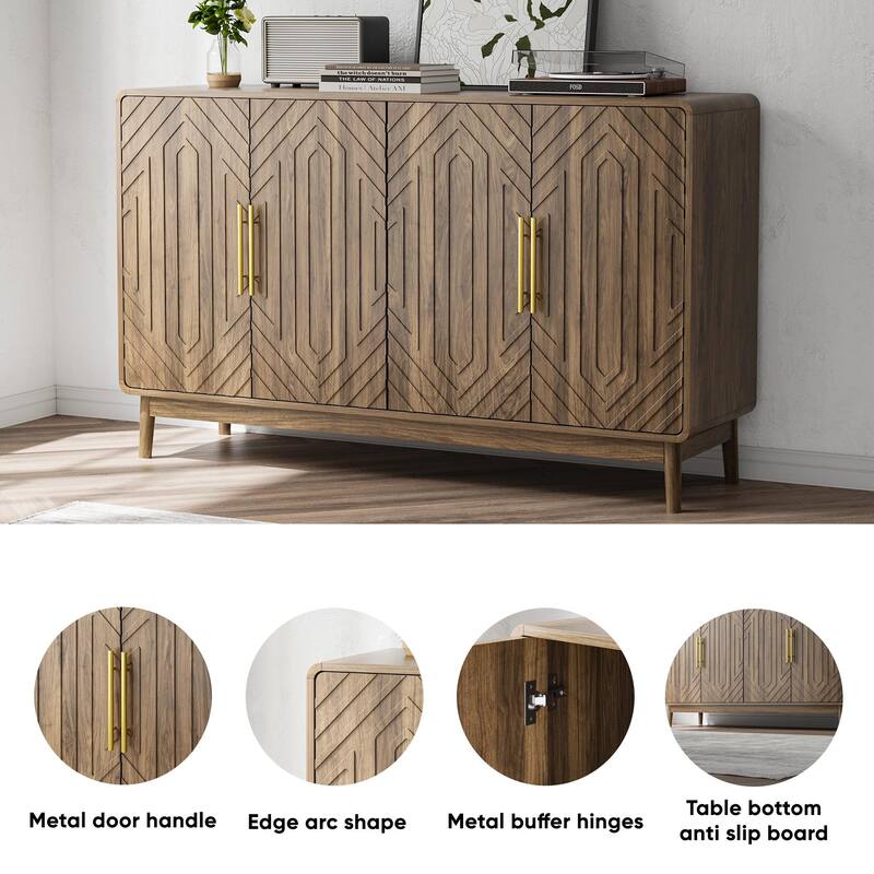 Anmytek Modern 4 Door Accent Cabinet Geometric Carved Wood Panels Adjustable Shelves Walnut Finish Gold Handles