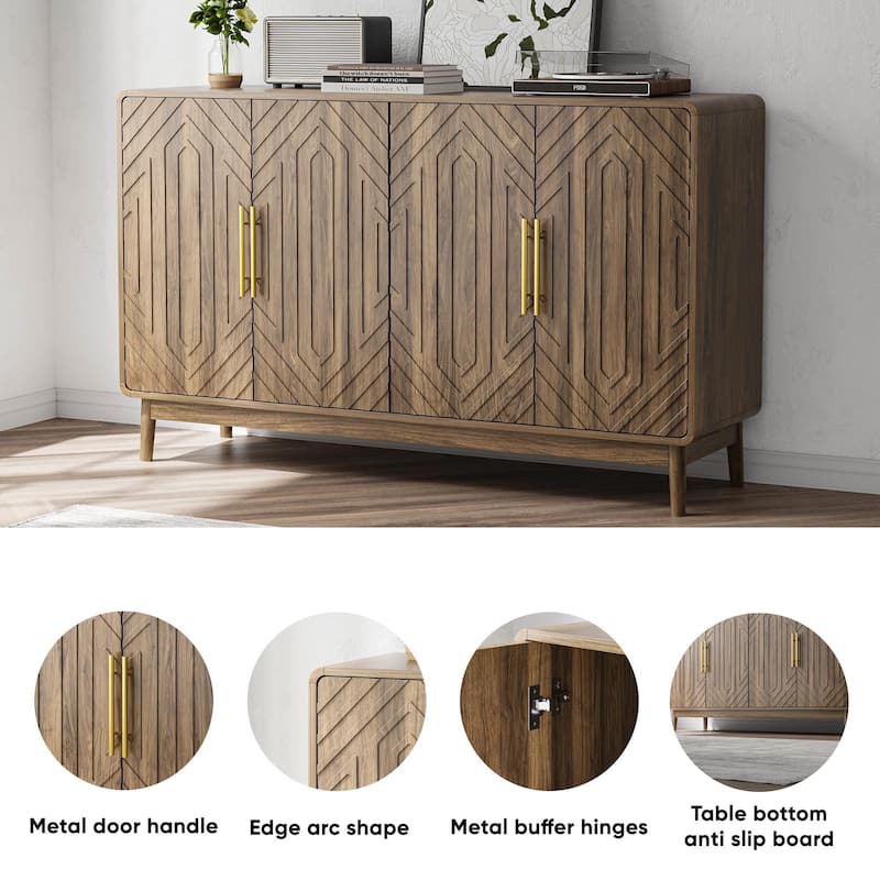Modern Walnut Sideboard Buffet Cabinet with Carved 4 Doors and Adjustable Shelves, 55" Accent Storage Console