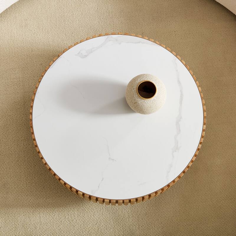 35.43" Round Sintered Stone Tabletop, Modern Drum Coffee Table, Luxury Circle Coffee Table for Apartment