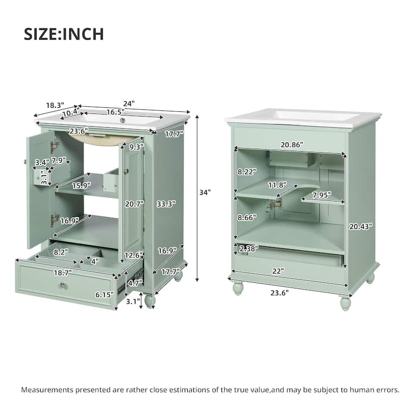 24" Bathroom Vanity with Ceramic Sink, Freestanding Storage Cabinet with Soft-Closing Doors & Drawer Dividers