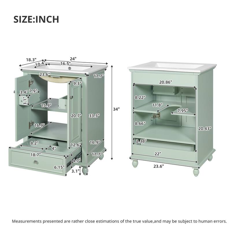 24"Bathroom Vanity with Ceramic Sink, Storage Cabinet with Soft Closing Doors, Bathroom Cabinet with Drawer and Drawer Dividers