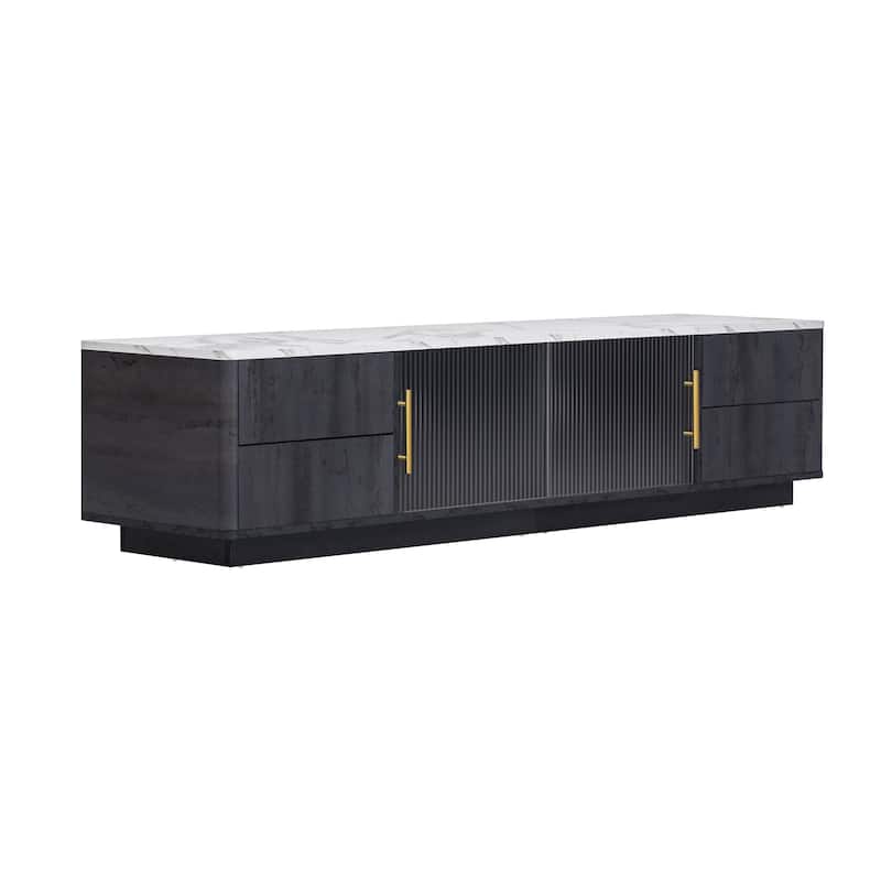 Glass Doors TV Stand for 70" TV, Media Console with 4 Drawers Floor Wood TV Media Center Table with Large Storage Cabinet