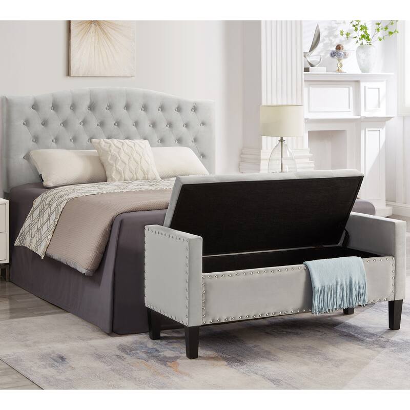 Upholstered Tufted Button Storage Bench with nails trim,Entryway Living Room Soft Padded Seat with Armrest,Bed Bench-Gray