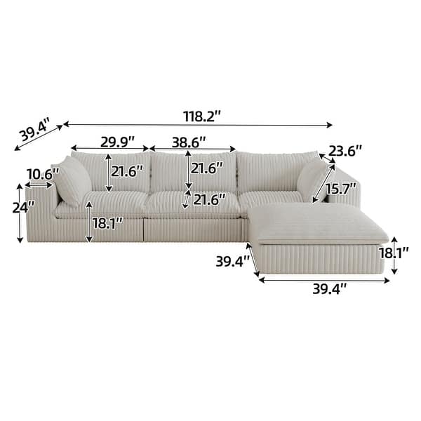 dimension image slide 3 of 20, Modular Sectional Sofa Corduroy Upholstered Sleeper Sofa Convertible Cloud Accent Couch Deep Seat Chaise Lounge, DIY Combination