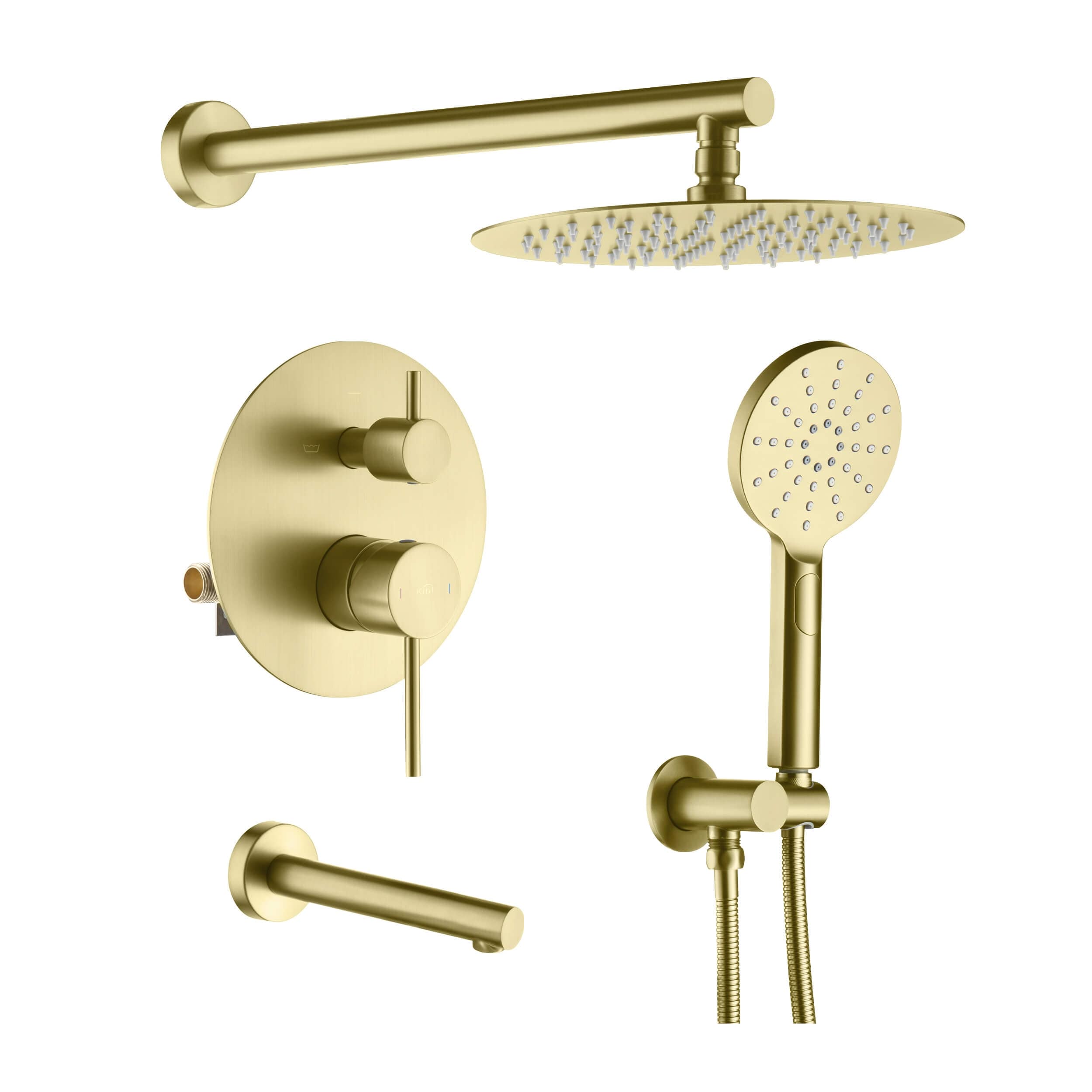 Round Three-Handle Two-Function Bathroom Shower Set - Gold Brushed