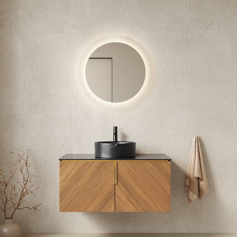 Wall-Mounted Bathroom Vanity with Round Ceramic Sink - 35.83'' x 19.69'' x 20.91'' - Brown Oak and Black