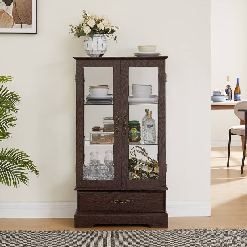 Roomfitters Retro Glass Cabinet Lighted Glass Cabinet Curio Display Cabinet with Adjustable Glass Shelves