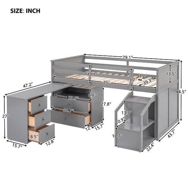 dimension image slide 2 of 3, Low Study Twin Size Loft Bed with Storage Steps and Movable Desk