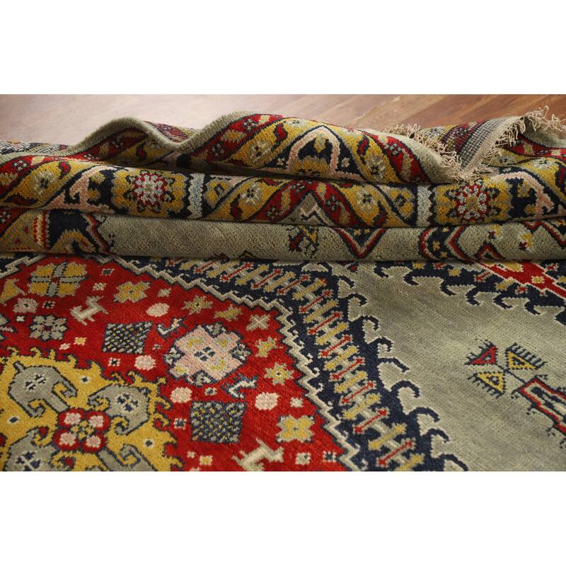 Green Geometric Viss Indian Area Rug Hand-Knotted Wool Carpet - 8'7" x 11'9"