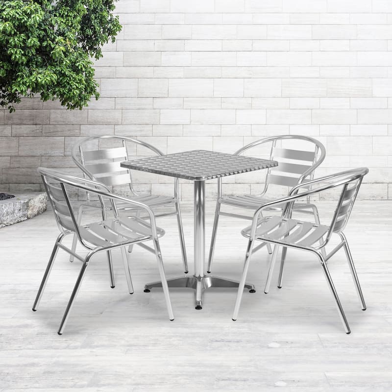 23.5" Square Aluminum Indoor-Outdoor Table Set with 4 Slat Back Chairs - Aluminum