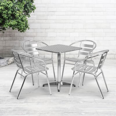 23.5" Square Aluminum Indoor-Outdoor Table Set with 4 Slat Back Chairs