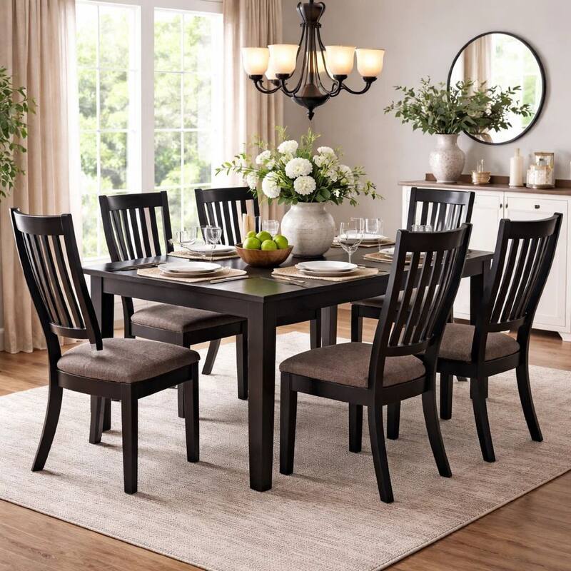 23 Inch Wood Dining Chair, Set of 2, Slatted Back, Cushioned Seat, Gray