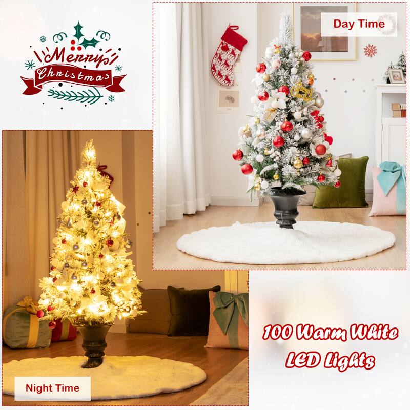 Gymax 4 FT Pre-lit Christmas Entrance Tree Snow Flocked Xmas Tree w/ - See Details