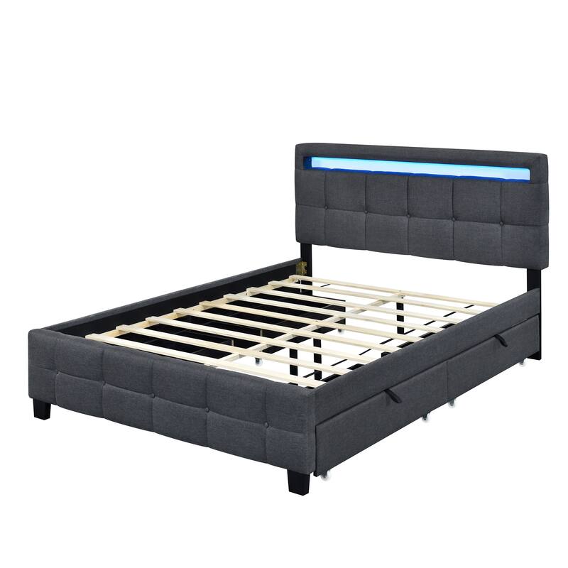 Linen Upholstered Platform Bed Frame with LED Light Headboard & 2 Drawers