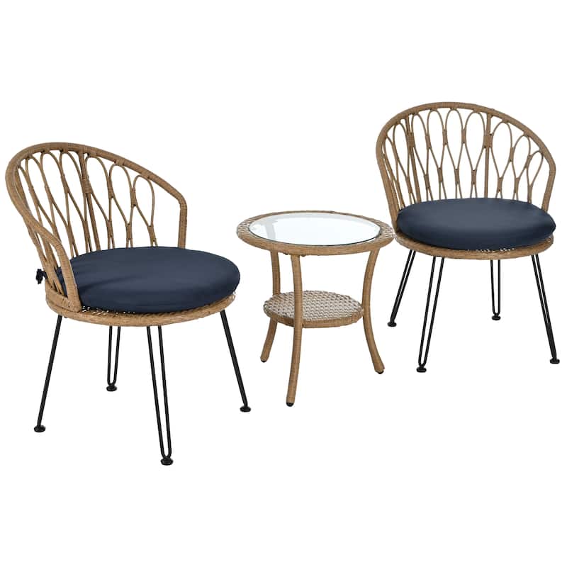 Outdoor Leisure Set, 2 Rattan Single Chairs with 1 Glass Round Table