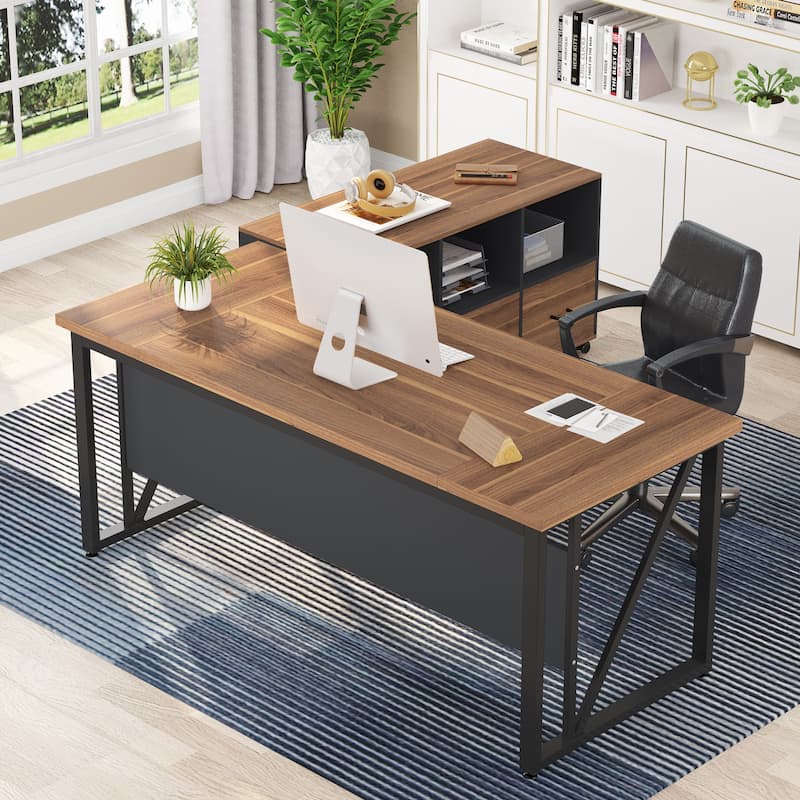 63" L-Shaped Computer Desk with 47 inches Lateral File Cabinet, Executive Desk Home Office Furniture Desk Set - Walnut&black