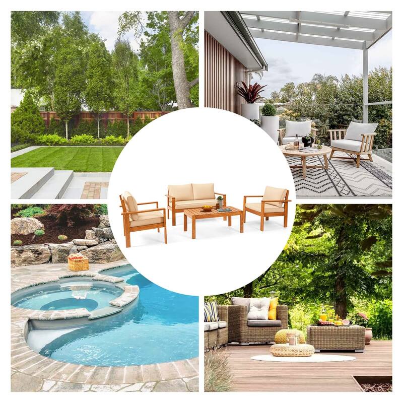 EROMMY Wood Patio Conversation Set with Coffee Table and Soft Cushions, Outdoor Sofa Set for Garden, Backyard