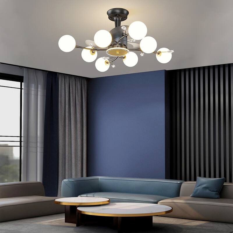 Ceiling Fan with Milky Glass Globe Shade, Modern Low Profile Reversible Fandelier for Bedroom