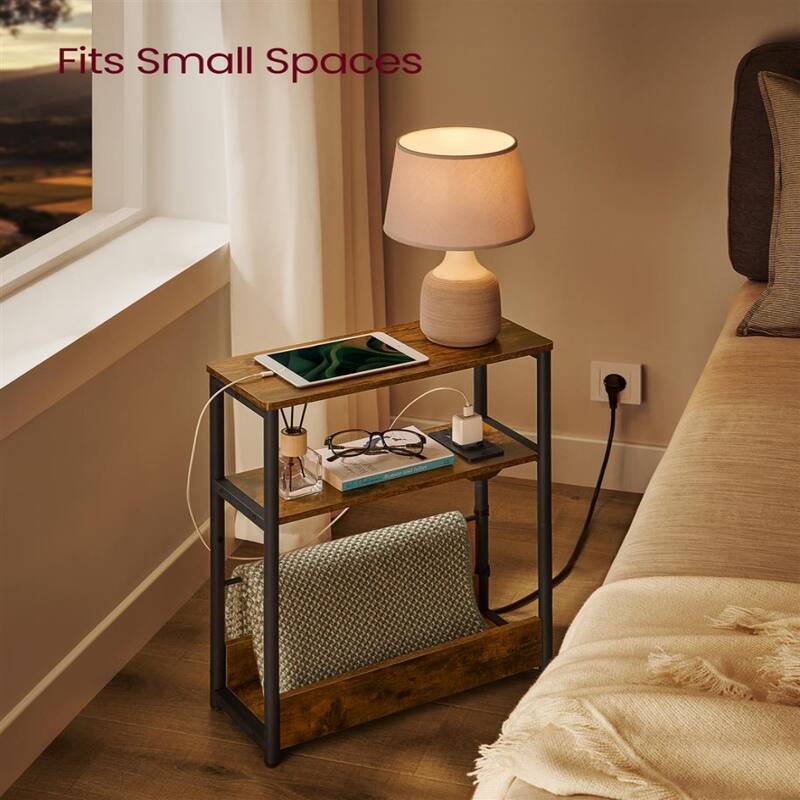Space-Saving End Table with 3 Storage Shelves and Built-In Charging Station and Stable Steel Frame - 7.1"D x 17.7"W x 22.8"H