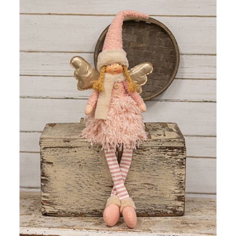 Plush Dangle Leg Angel Decor with Cozy Dress and Wooden Buttons for Shelf or Table Display - 28" H x 10" W x 5" D