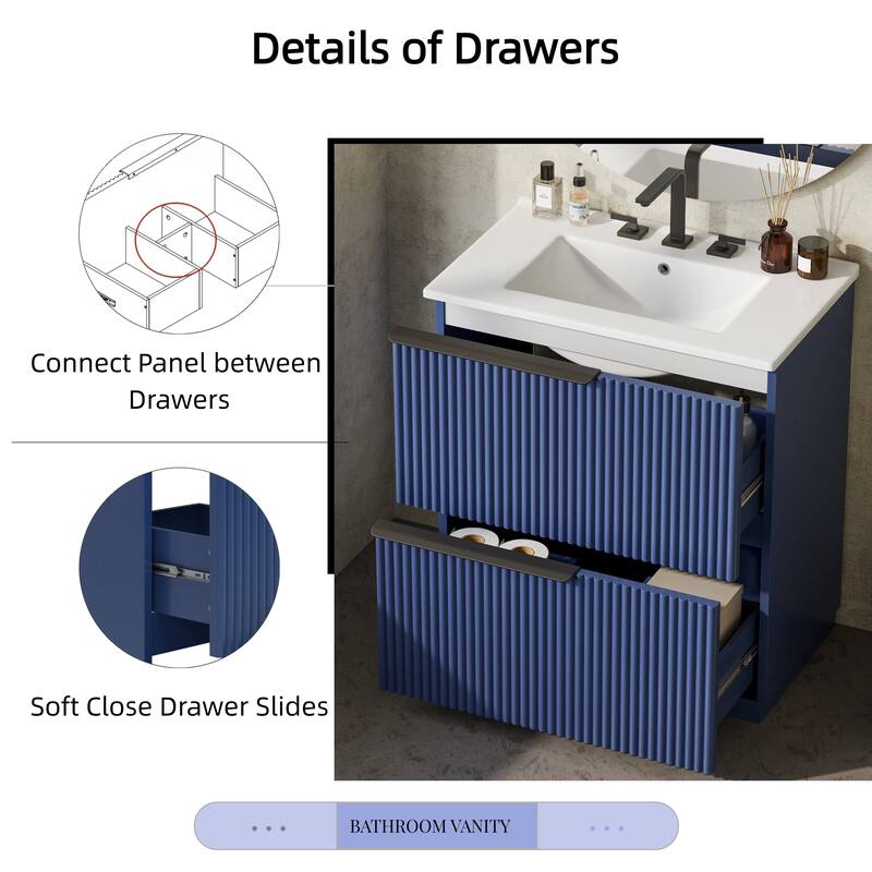 30" Bathroom Vanity with Ceramic Sink, Full-Extension Drawers, Soft Close Slides, and Fluted Design