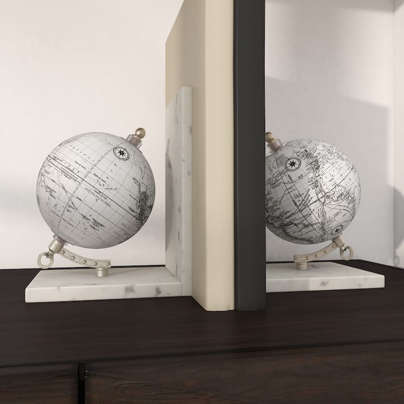 Marble Globe Decorative Bookends with Silver Metal Accents - Set of 2 White - Roche River Decor