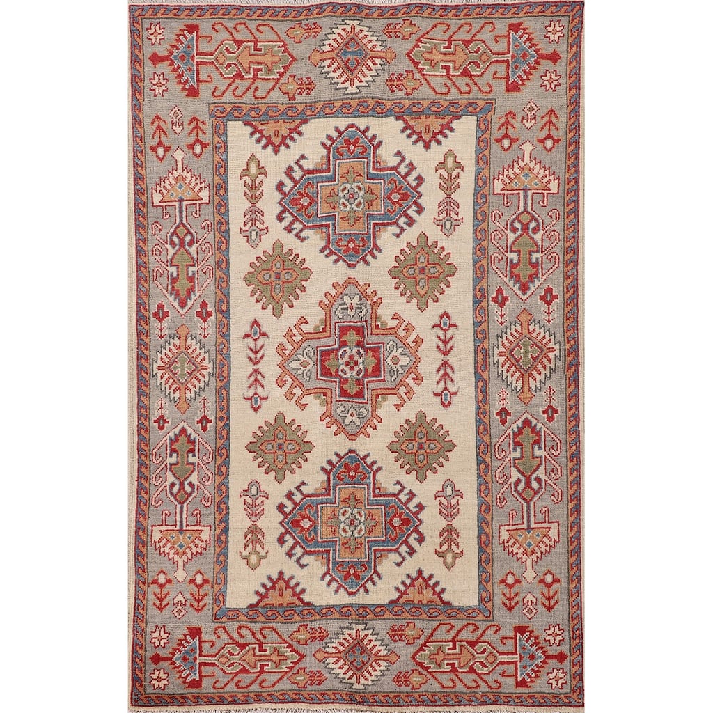 Kazak Oriental Accent Rug Handmade Beige Wool Carpet - 3'3"x 5'1"