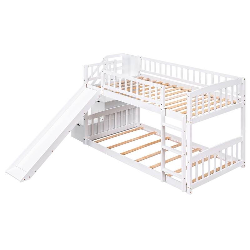 White Twin over Twin Bunk Bed with Drawers, Slide & Stairway ...