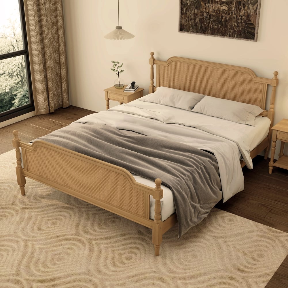 Rattan Bed Frame with Rattan Headboard Footboard Platform Bed with Storage Underneath, Traditional Bohemian Low Profile Bedframe
