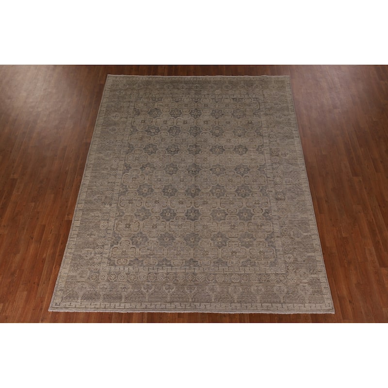 Geometric Oushak Vegetable Dye Area Rug Hand-Knotted Wool Carpet - 7'8" x 9'11"