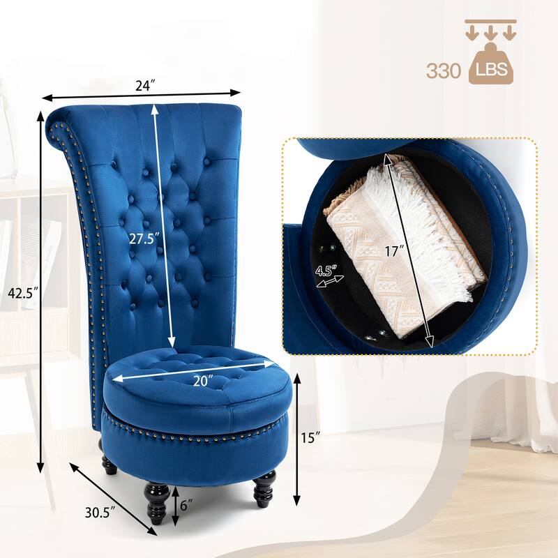 AVAWING High Back Throne Chair Velvet Armless Royal Accent Chair with Storage