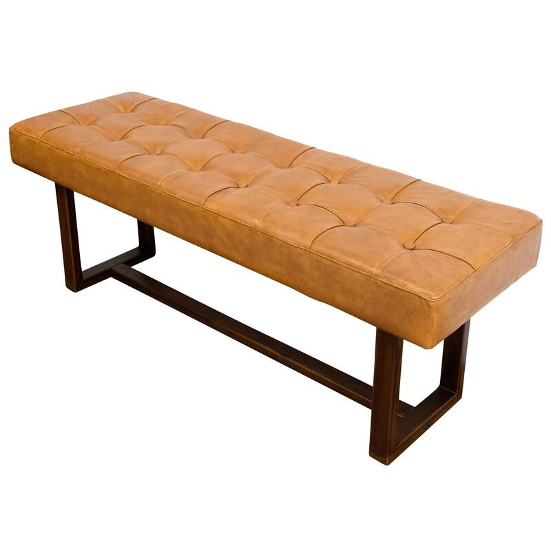 GDFStudio - Cameron Modern Mid-Century 51" Genuine Leather Bench with Solid Wood Frame for Living Room, Bedroom & Entryway