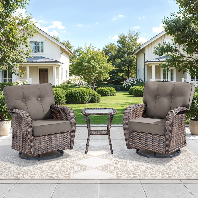 Gymojoy Wide T-Shaped High Back Swivel Glider Chairs Set with Side Table and 5-inch Cusion for Patio & Balcony - Grey - 3-Piece