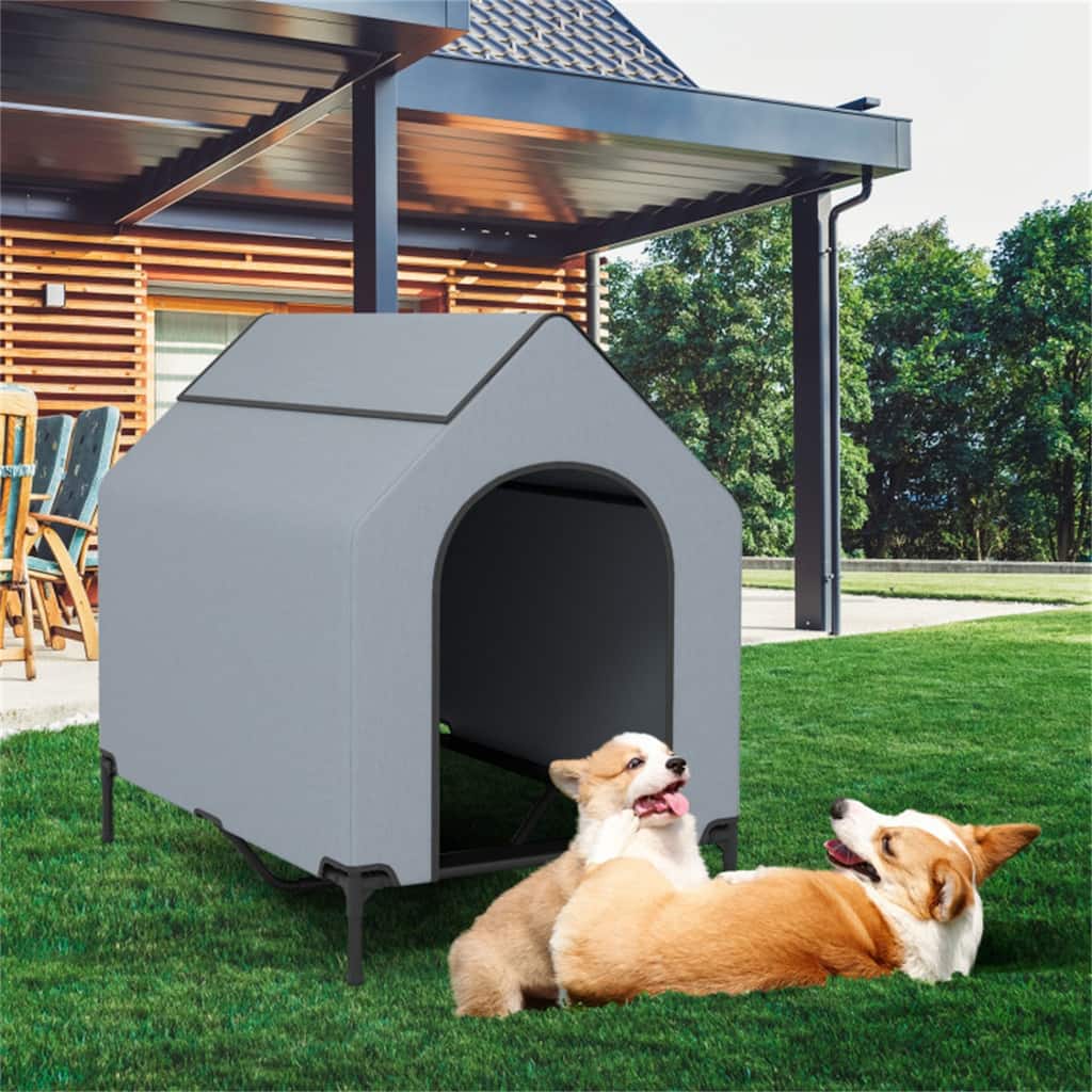 Portable Elevated Dog House with Waterproof Canopy and Ventilation Windows, Easy to Clean