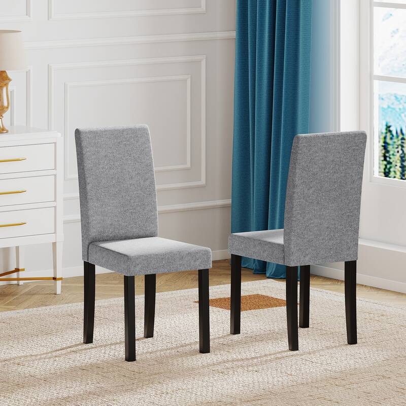 Set of 2 Modern Rubber Wood Dining Chairs with Faux Linen Upholstery and Cushioned Seats - 17" x 22" x 35.5" (L x W x H) - LightGrey